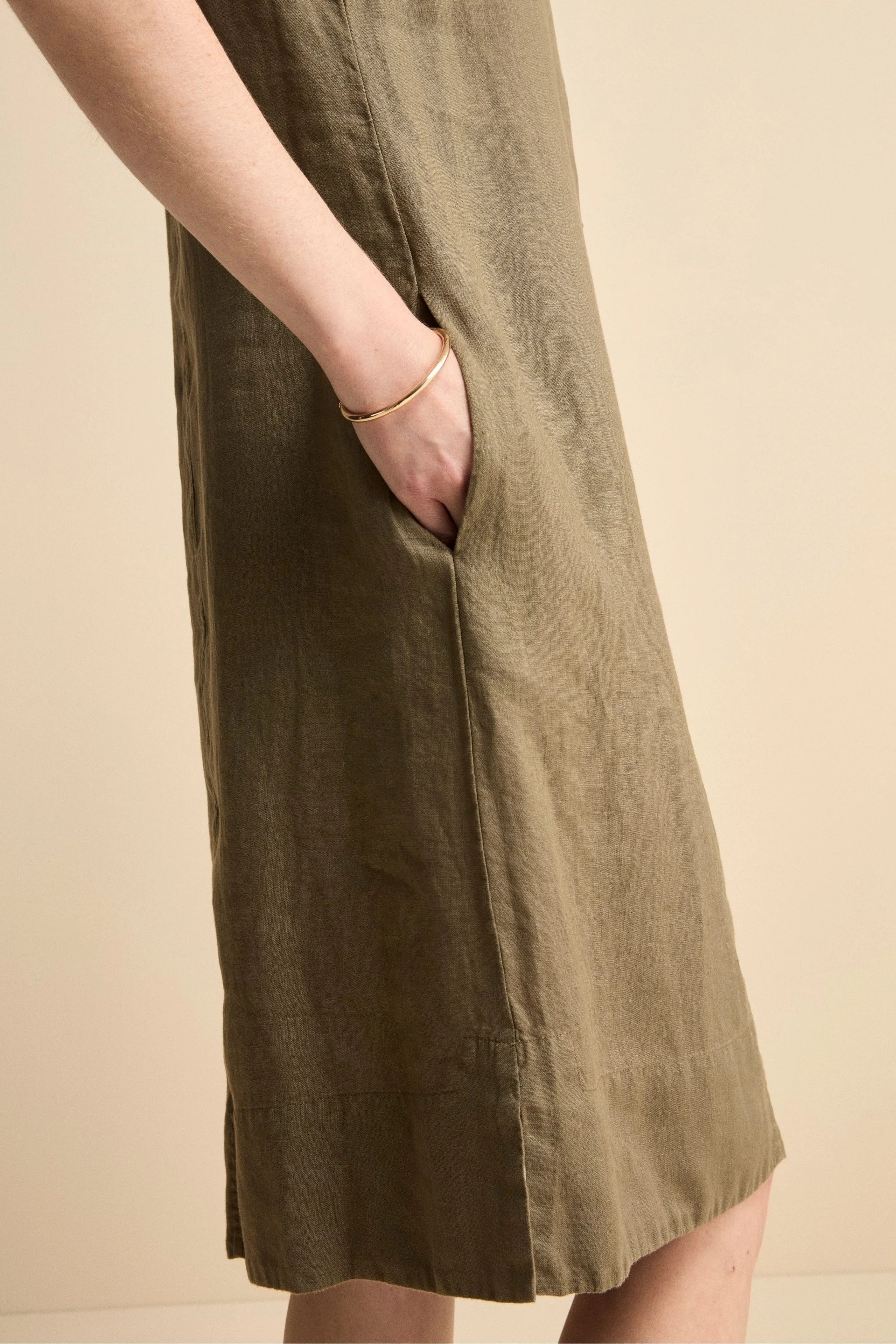Abito Chemisier Smanicato in Lino - VERDE MILITARE - Image 4