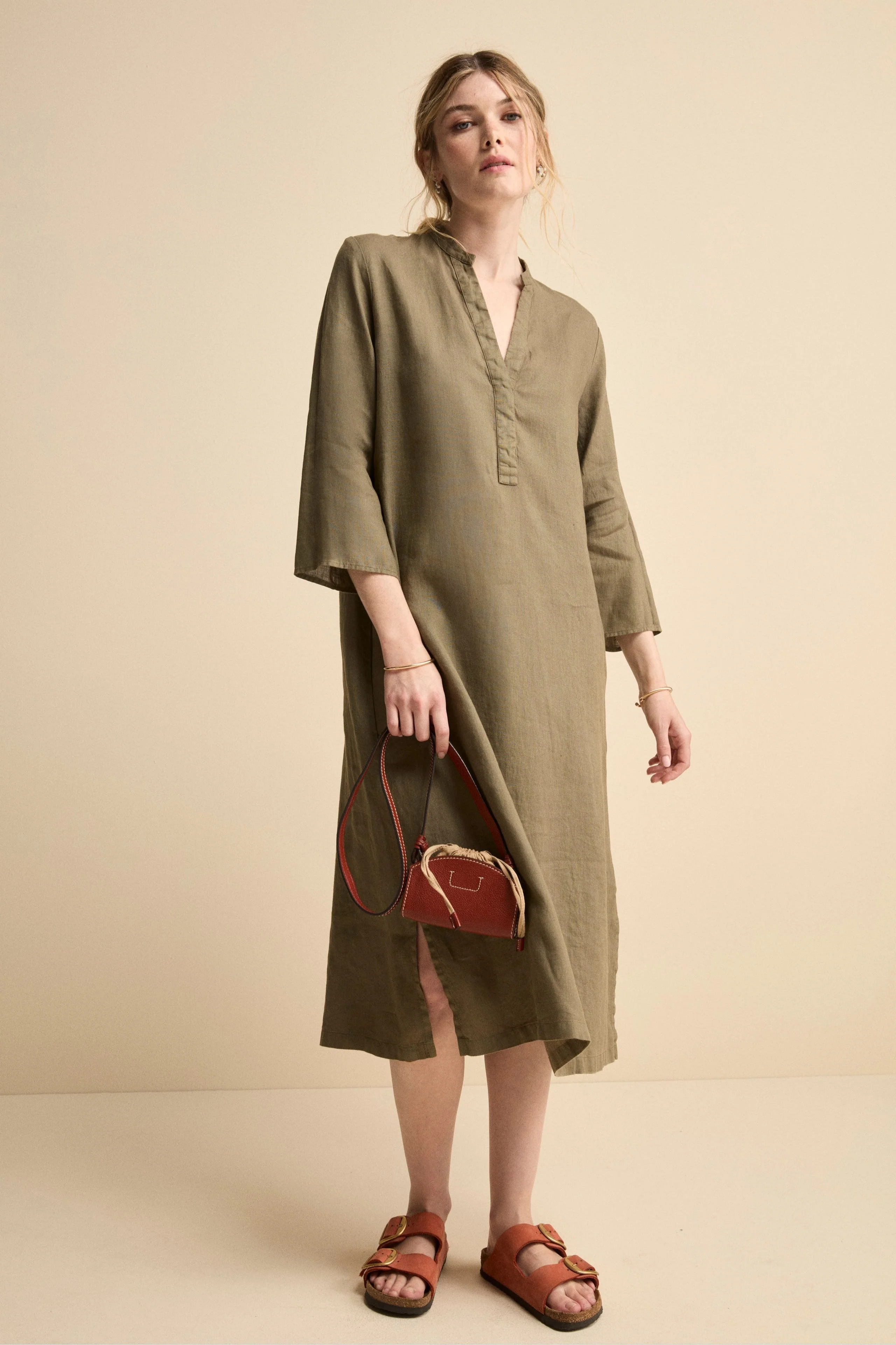 Caftano Lungo in Puro Lino - VERDE MILITARE - Image 6