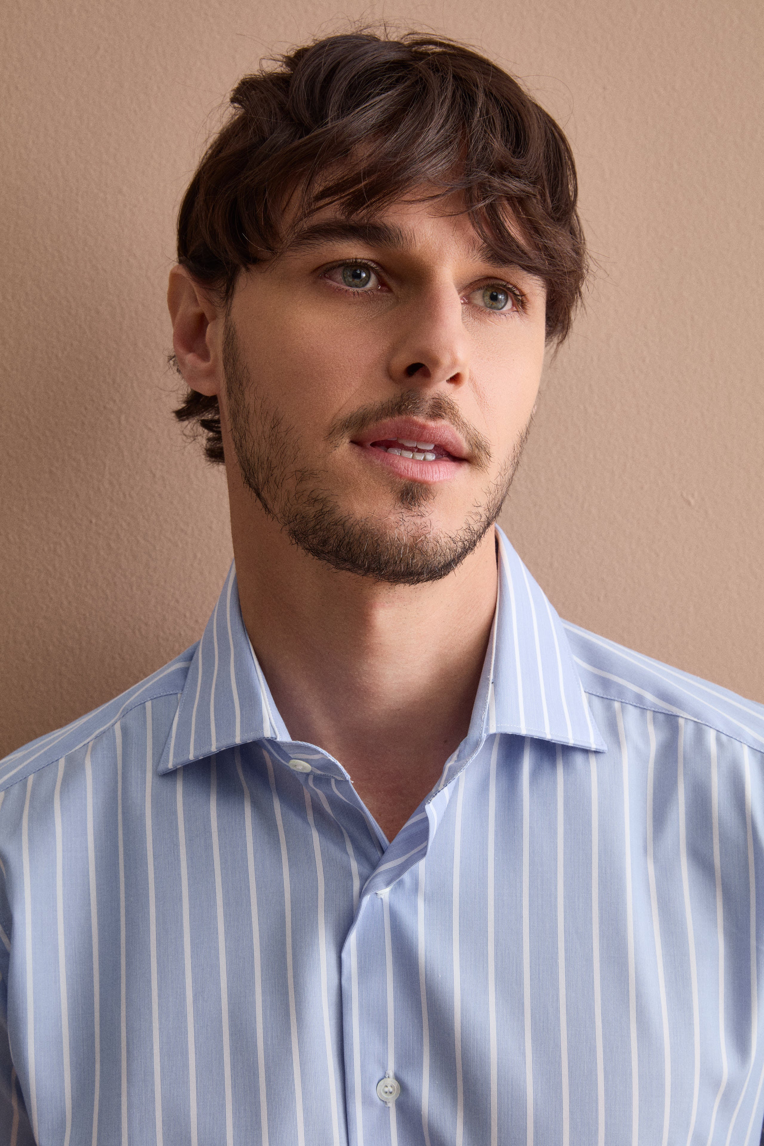 Camicia Slim a Righe in Cotone Doppio Ritorto - AZZURRO RIGATO - Image 2