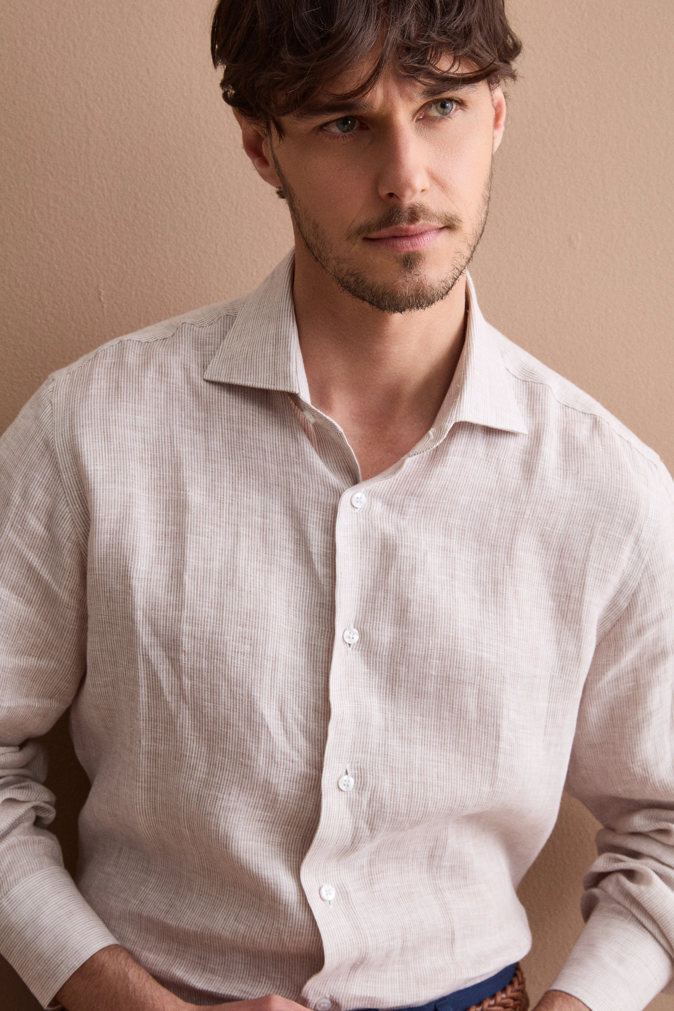 Camicia Uomo Casual Regular Fit in Lino - NOCCIOLA RIGATO - Image 2