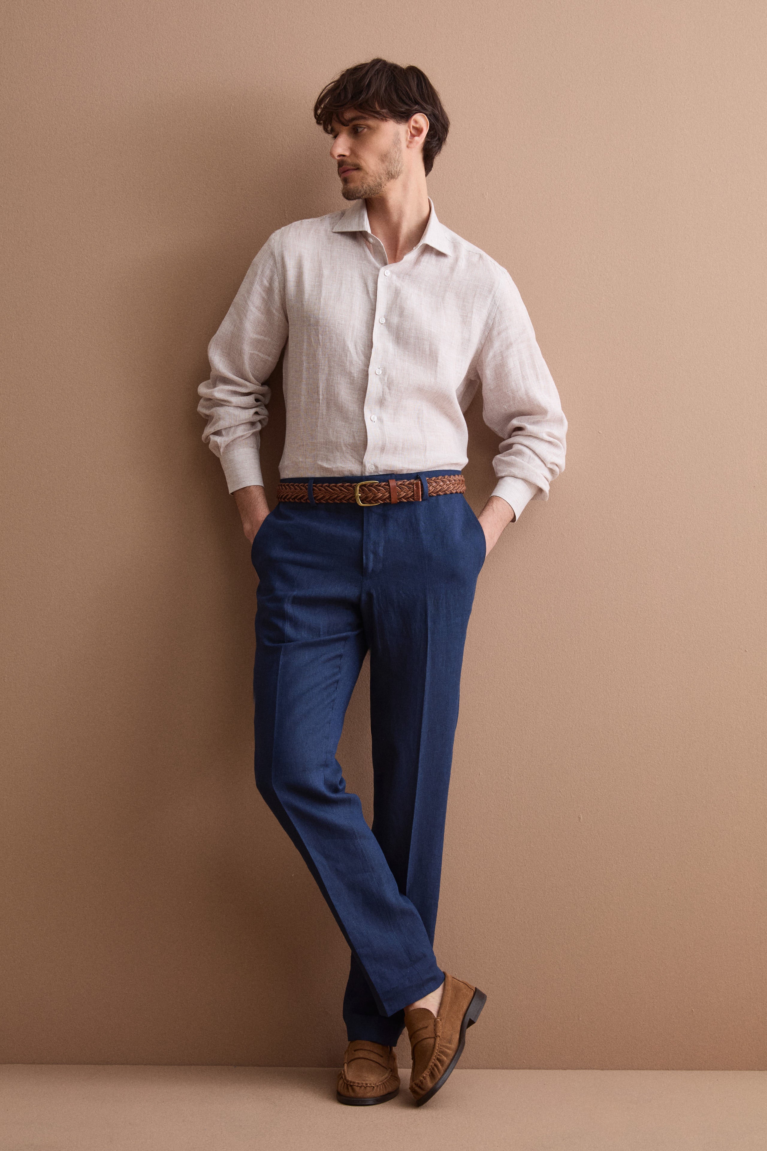 Camicia Uomo Casual Regular Fit in Lino - NOCCIOLA RIGATO - Image 3