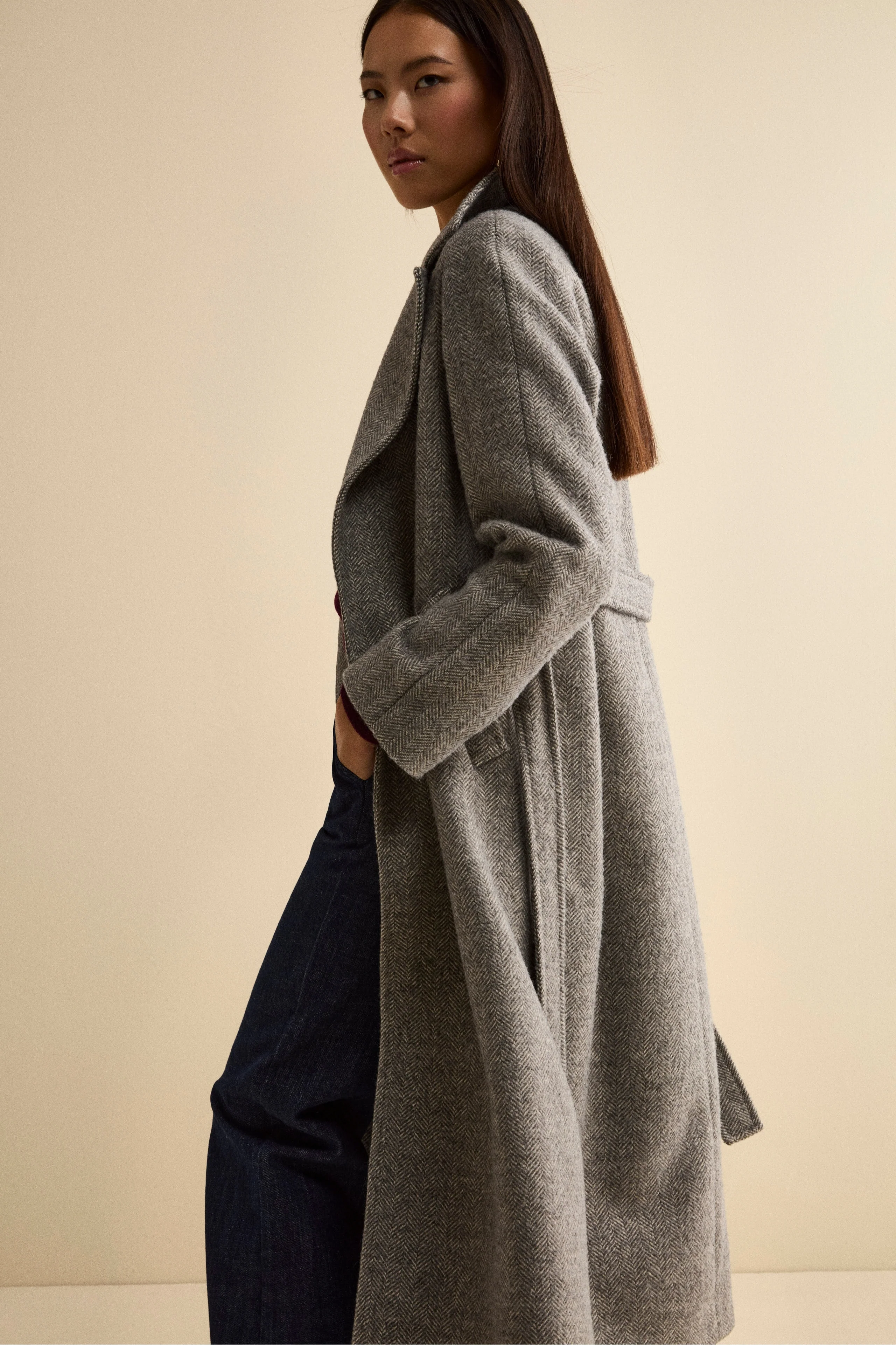 Cappotto Vestaglia con Cintura in Misto Lana - GRIGIO SPIGATO - Image 3