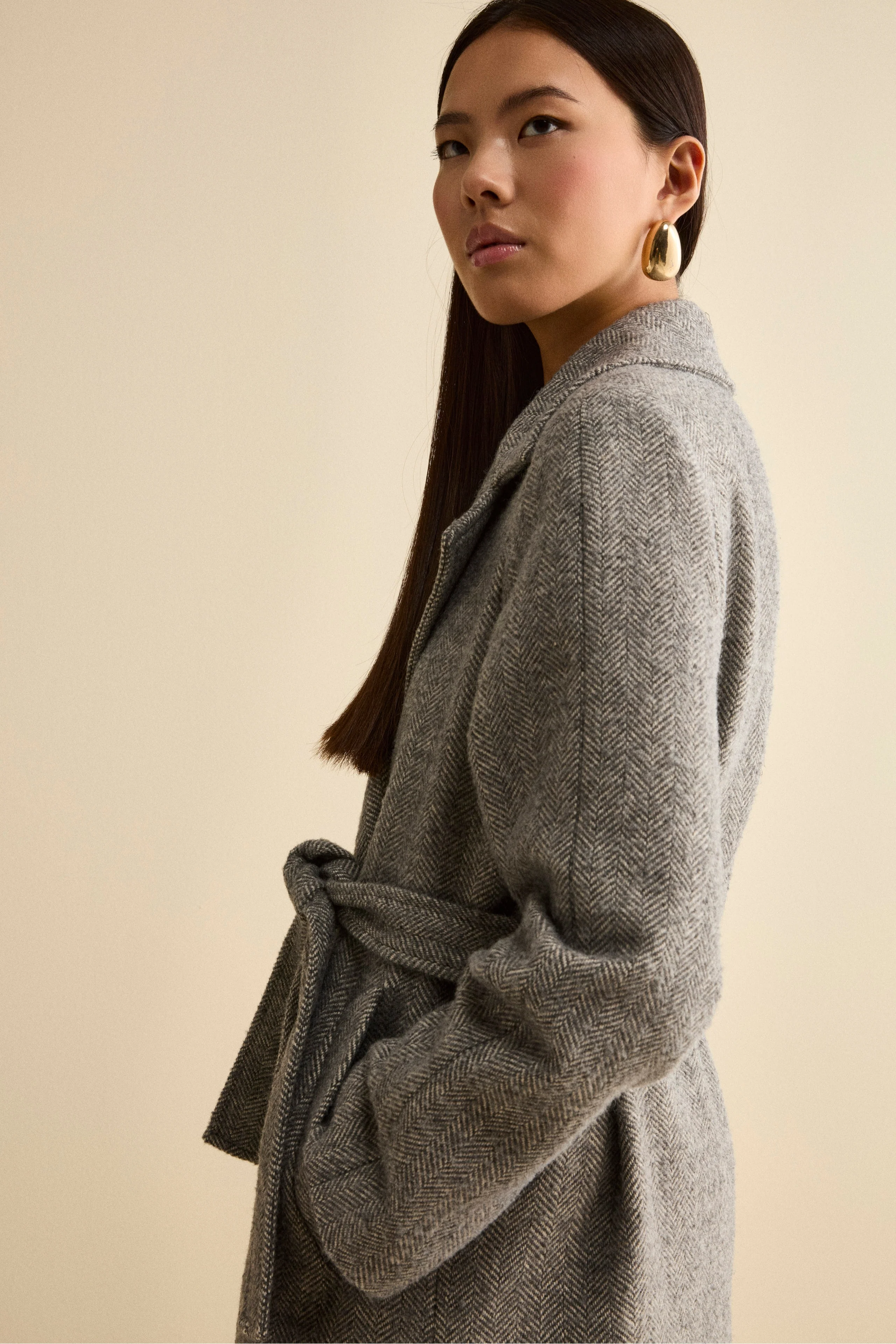 Cappotto Vestaglia con Cintura in Misto Lana - GRIGIO SPIGATO - Image 5