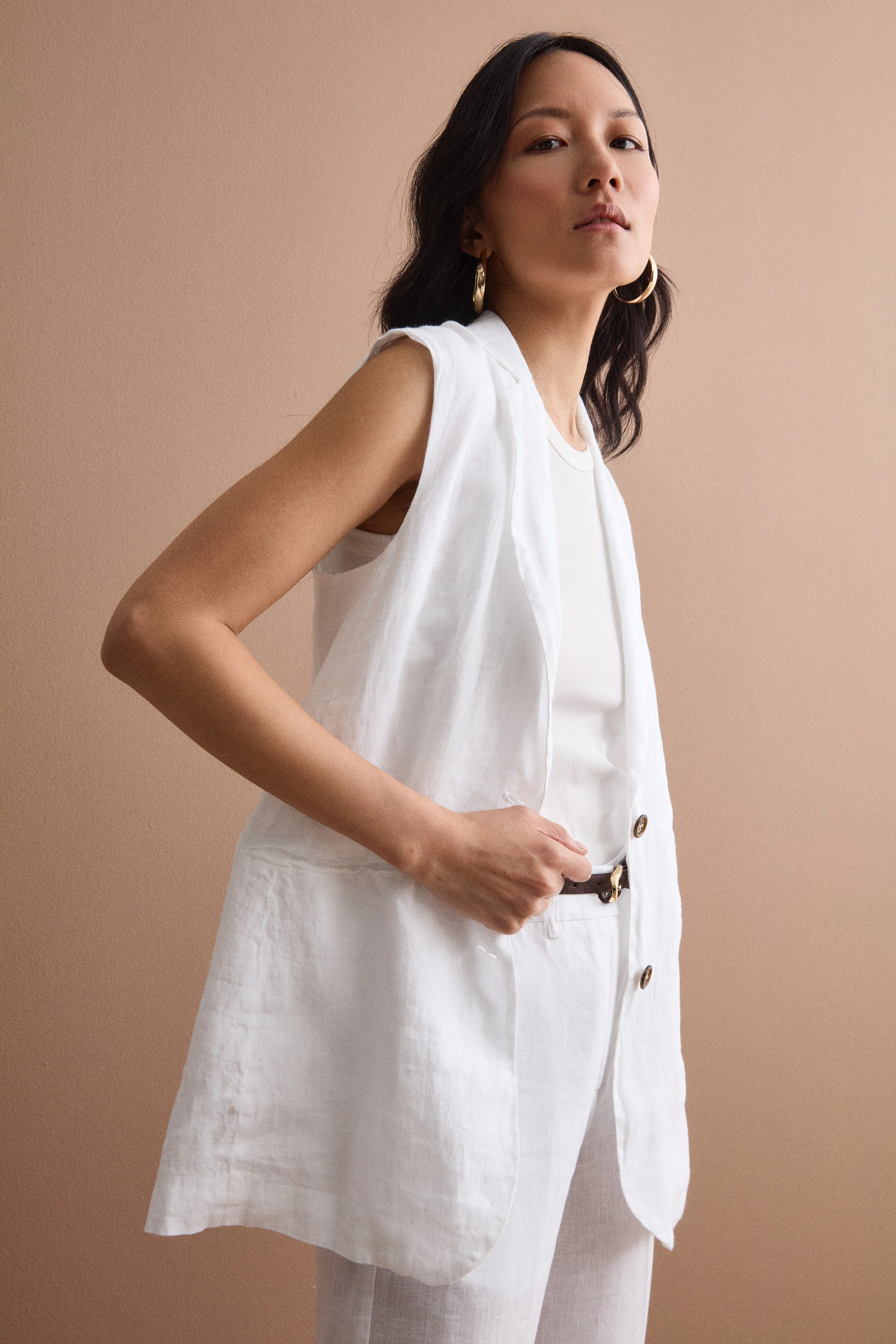 Gilet Sfoderato in Lino con Revers Classico - BIANCO - Image 5
