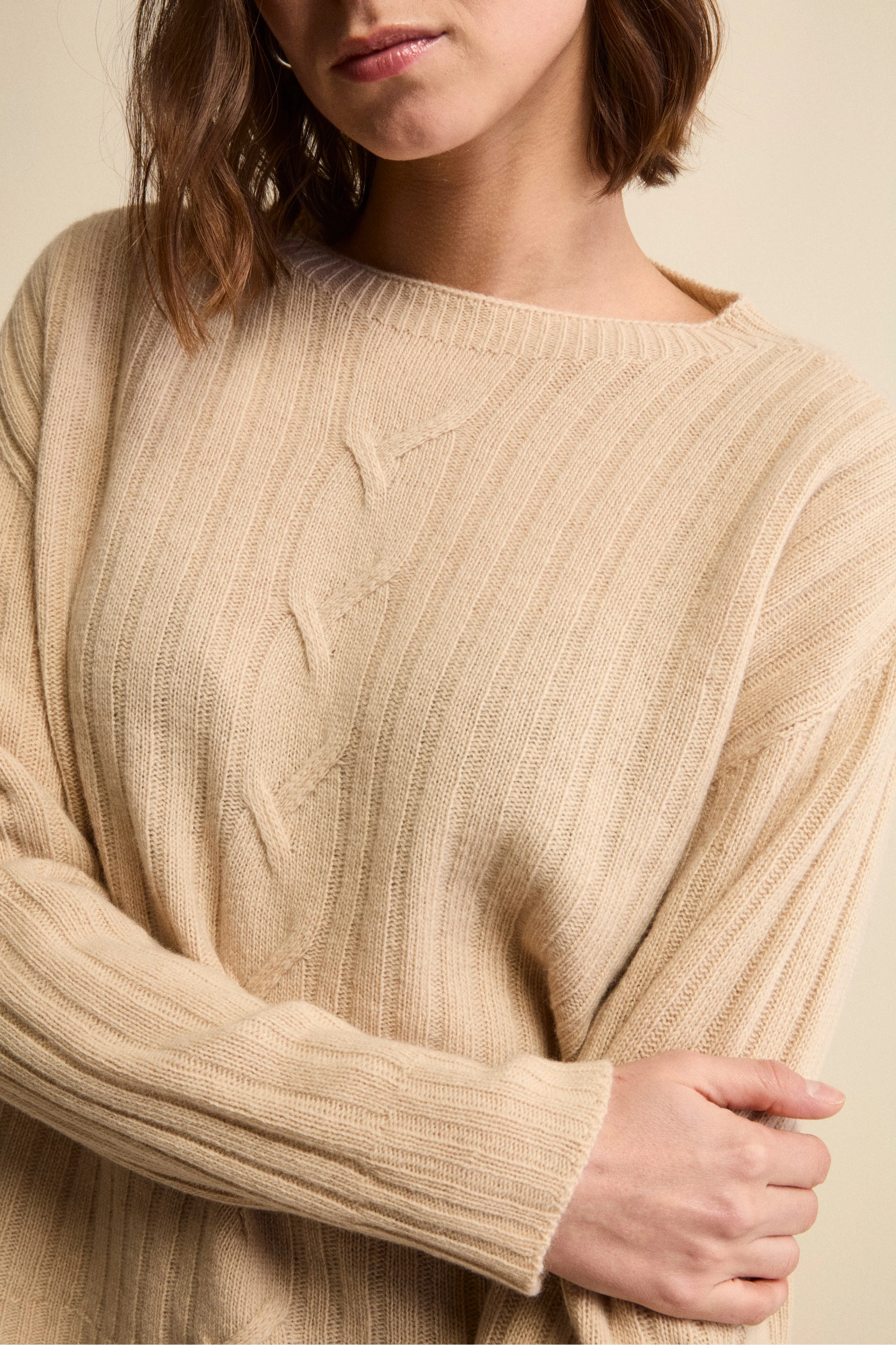 Maglia Barchetta Lavorata in Lana e Cashmere - BEIGE - Image 2
