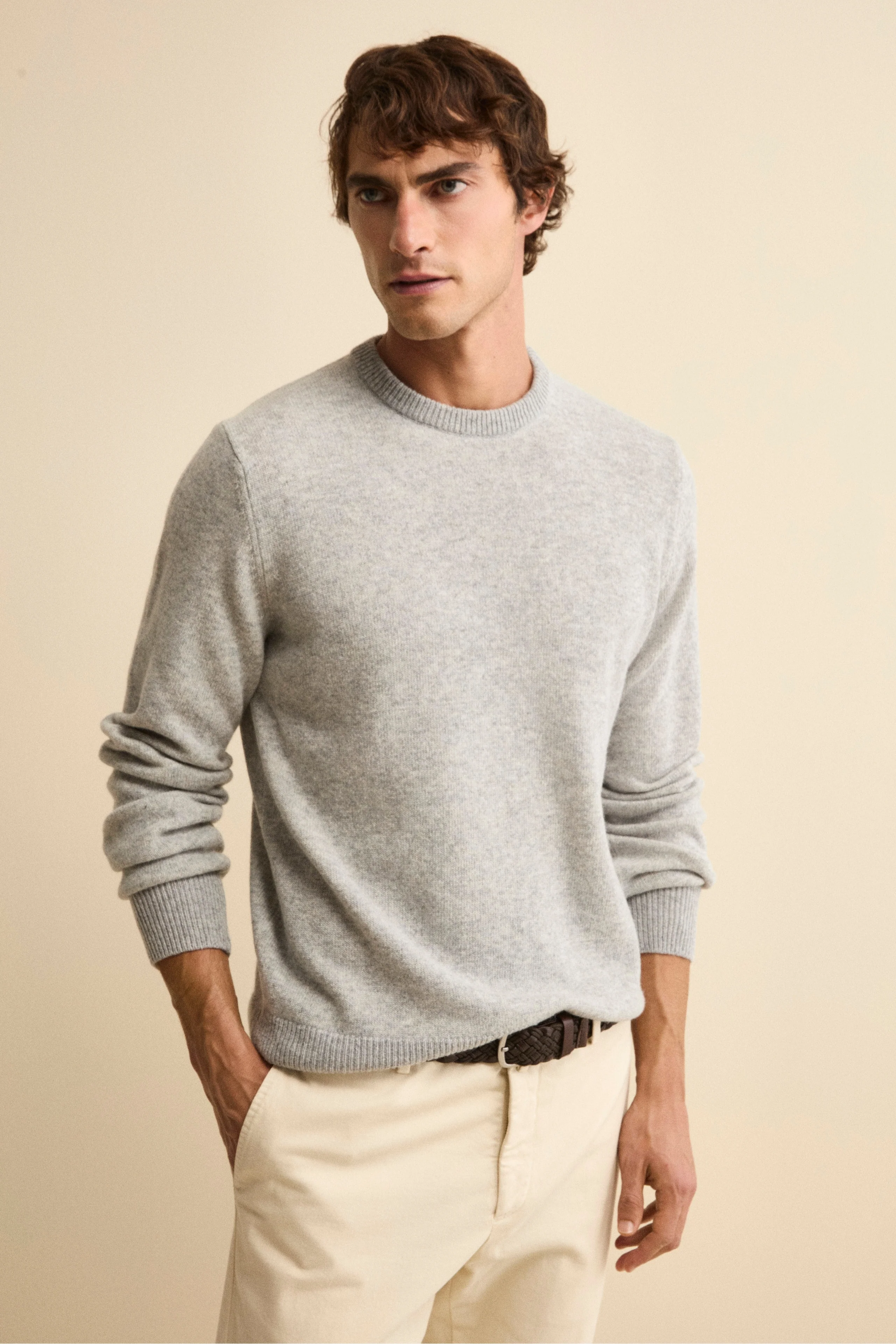 Maglia Girocollo Mouliné in Lana Merino Extrafine - GRIGIO CHIARO