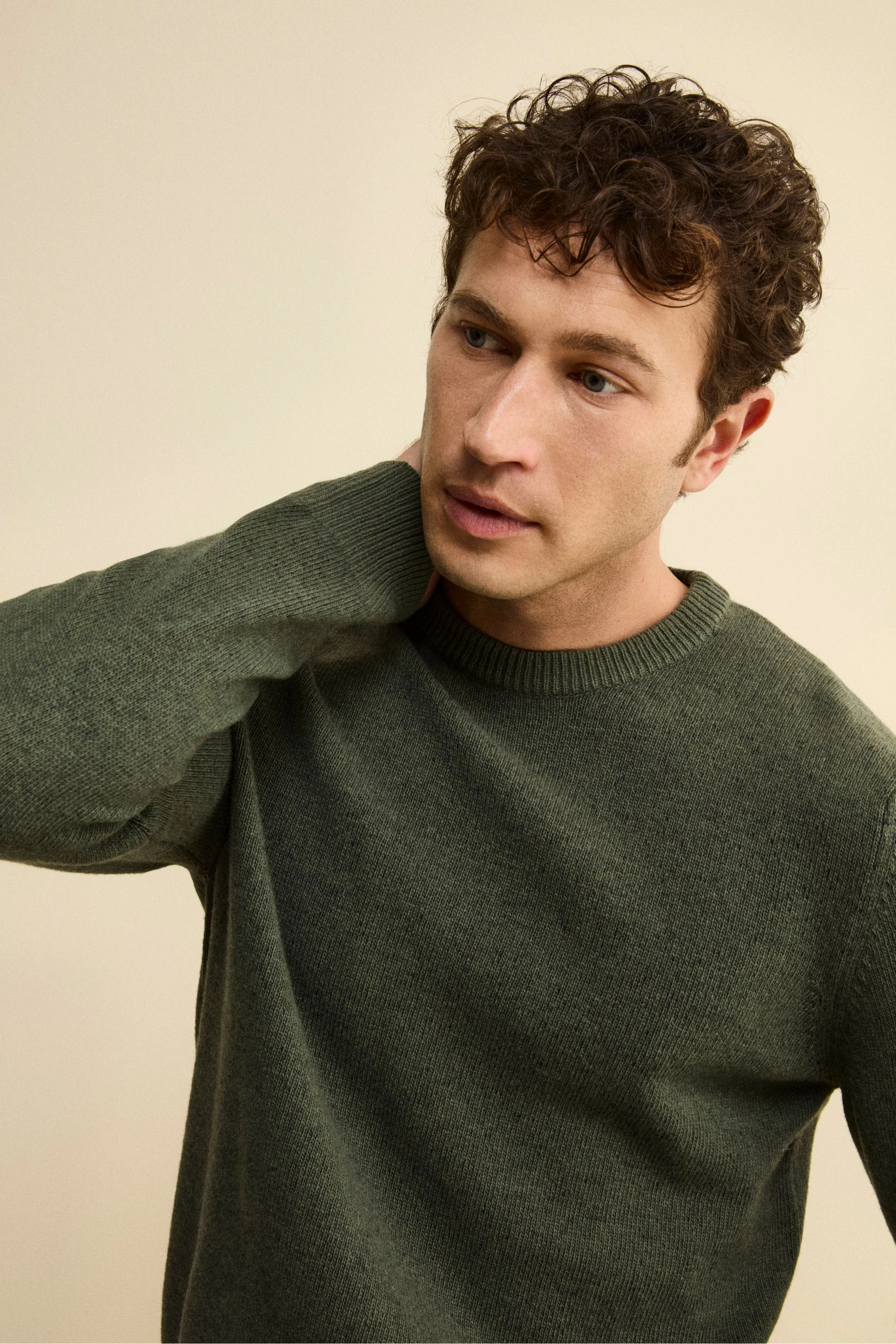 Maglia Girocollo Mouliné in Lana Merino Extrafine - VERDE MILITARE - Image 2