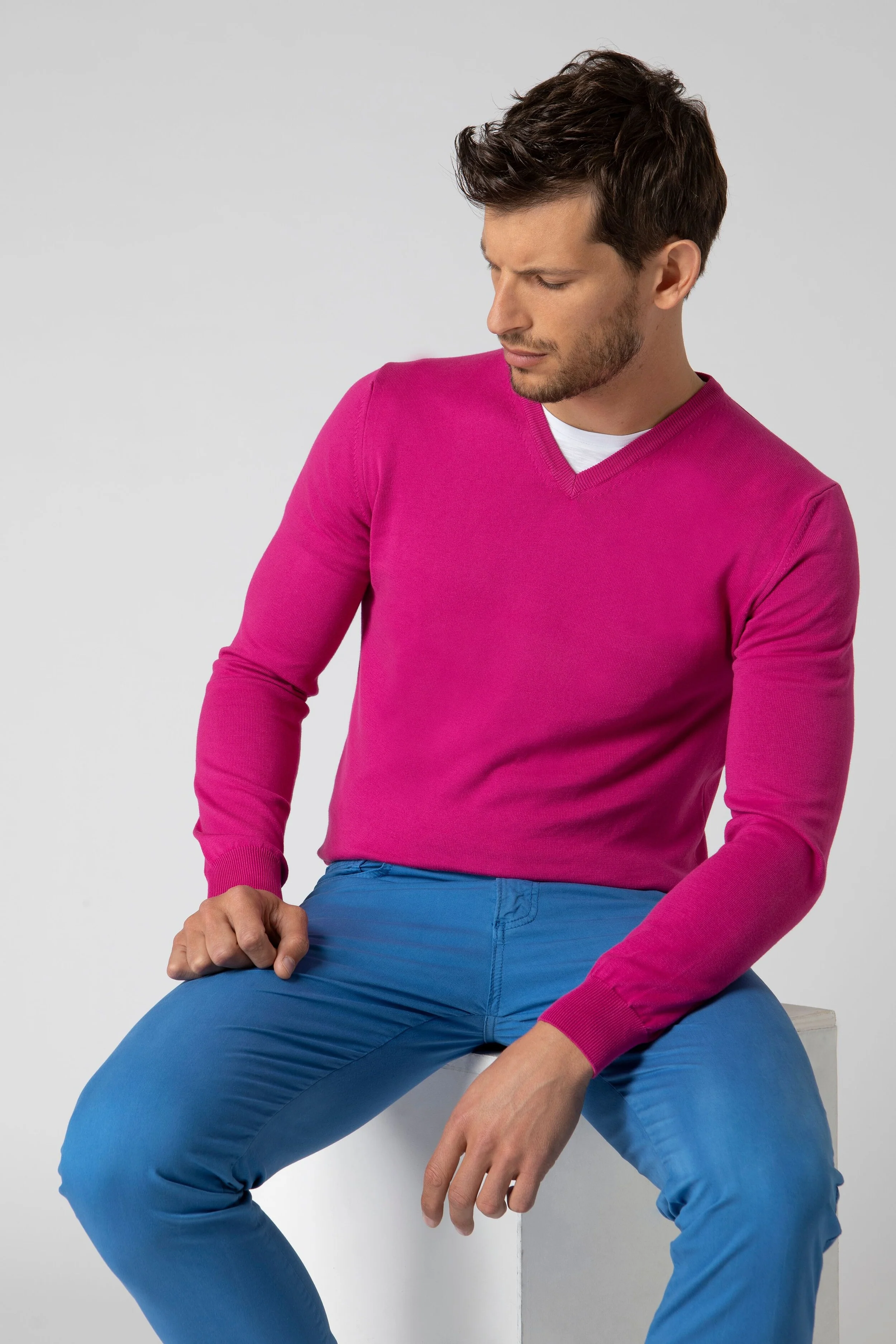 Maglione scollo V in cotone - FUXIA - Image 2