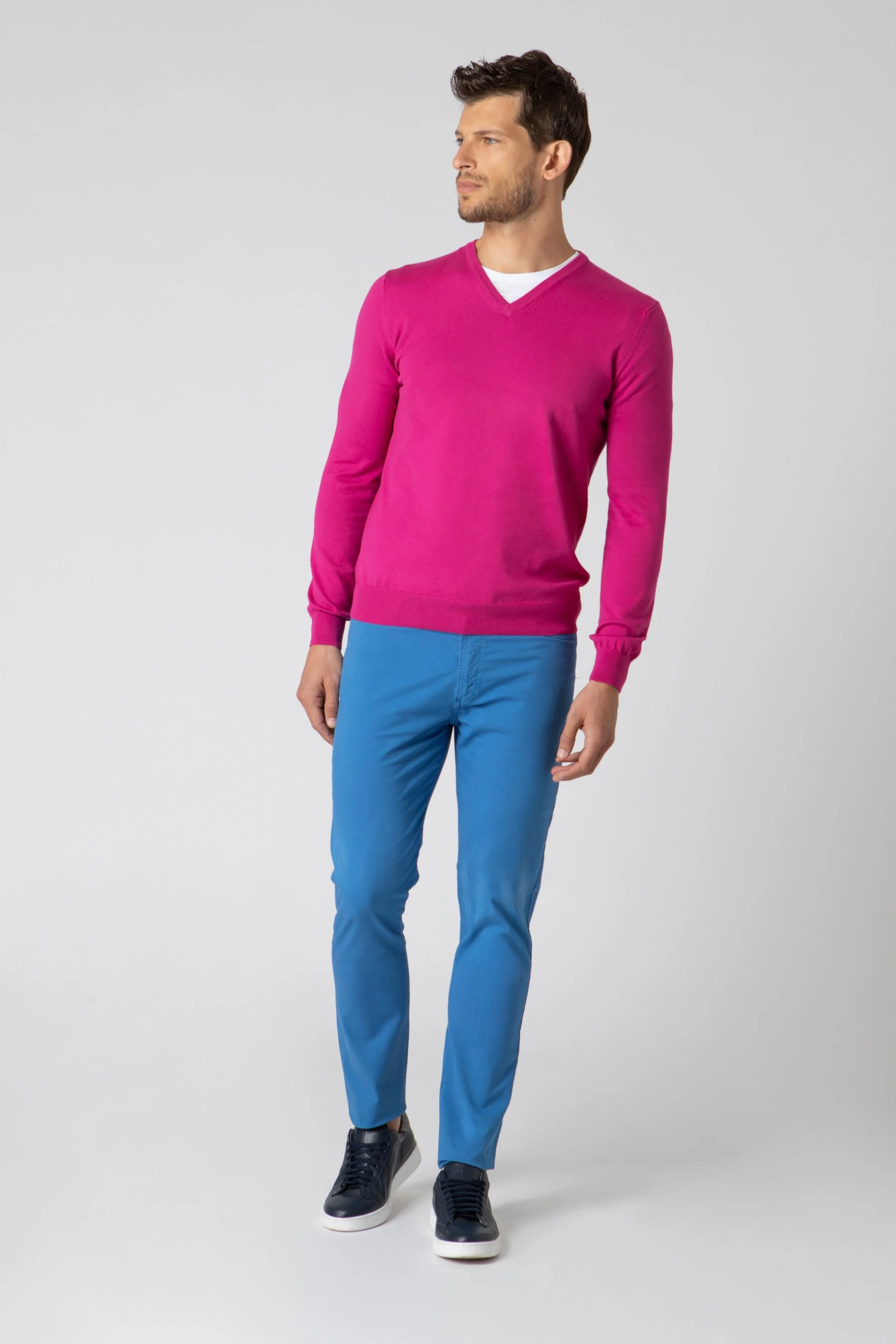 Maglione scollo V in cotone - FUXIA - Image 4