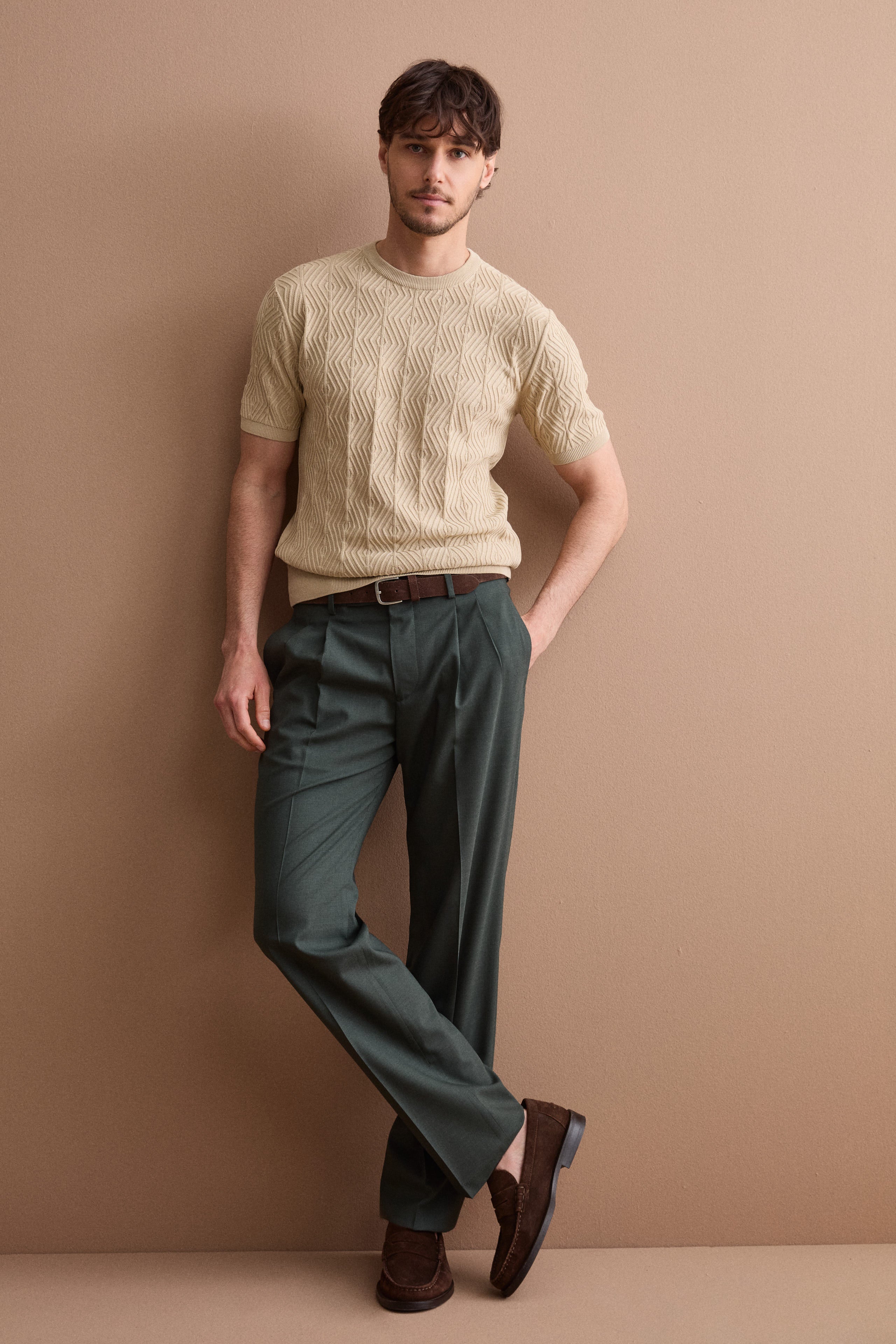 Pantalone Gamba Dritta con Pinces in Misto Lana - VERDE - Image 2