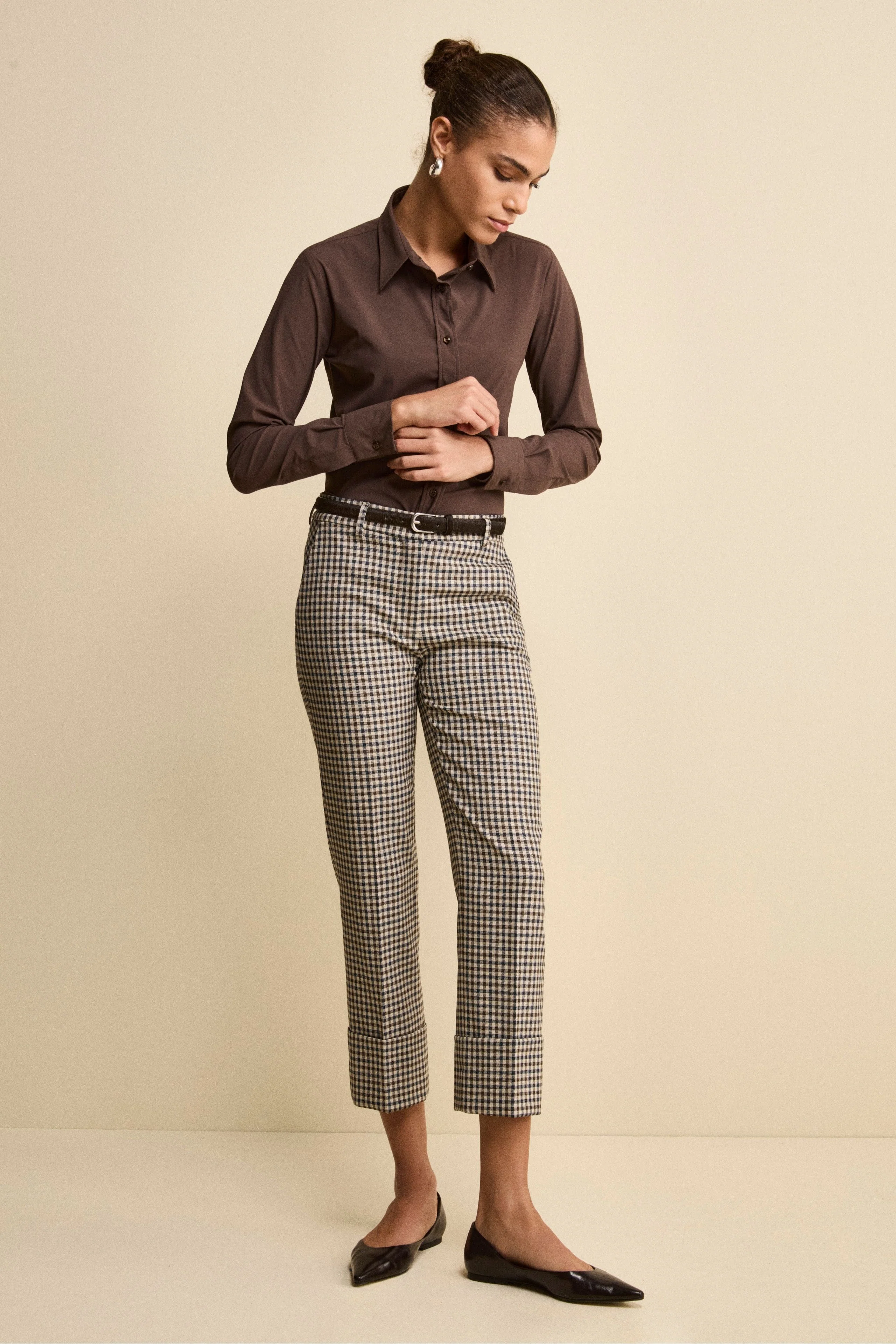 Pantalone Slim Fit a Sigaretta con Risvolto - BEIGE QUADRI - Image 5