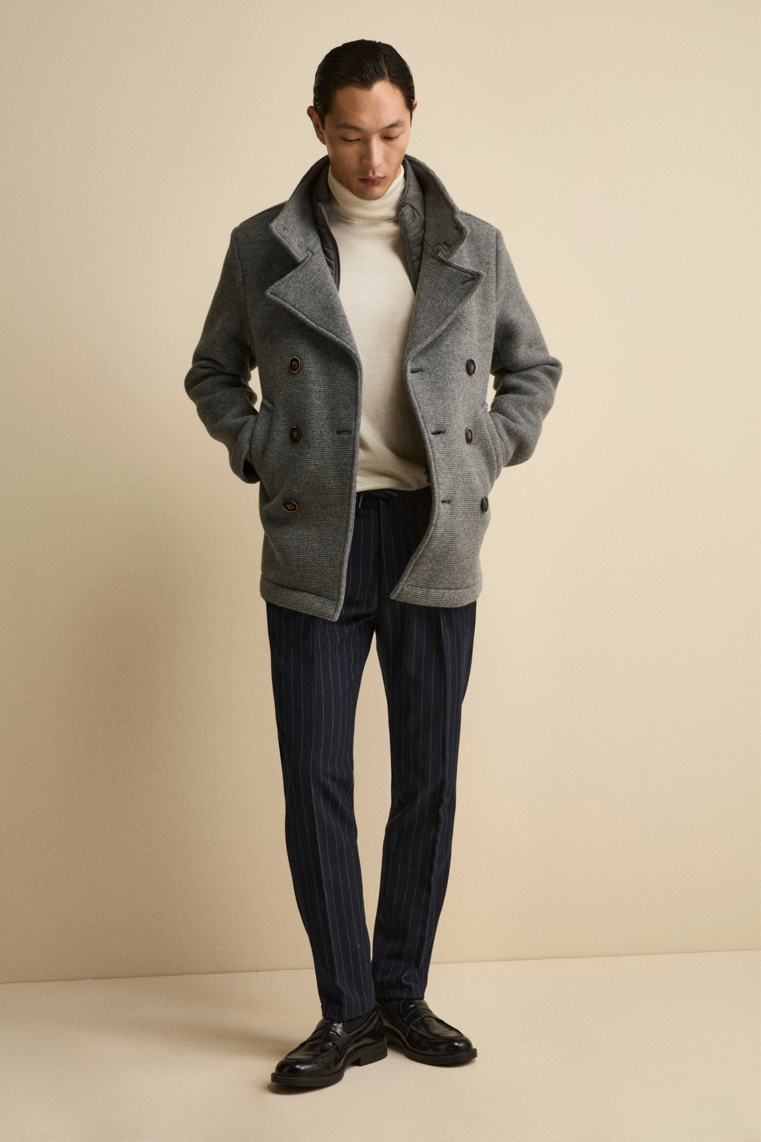 Peacoat Doppiopetto in Misto Lana con Pettorina - GRIGIO MELANGE - Image 2