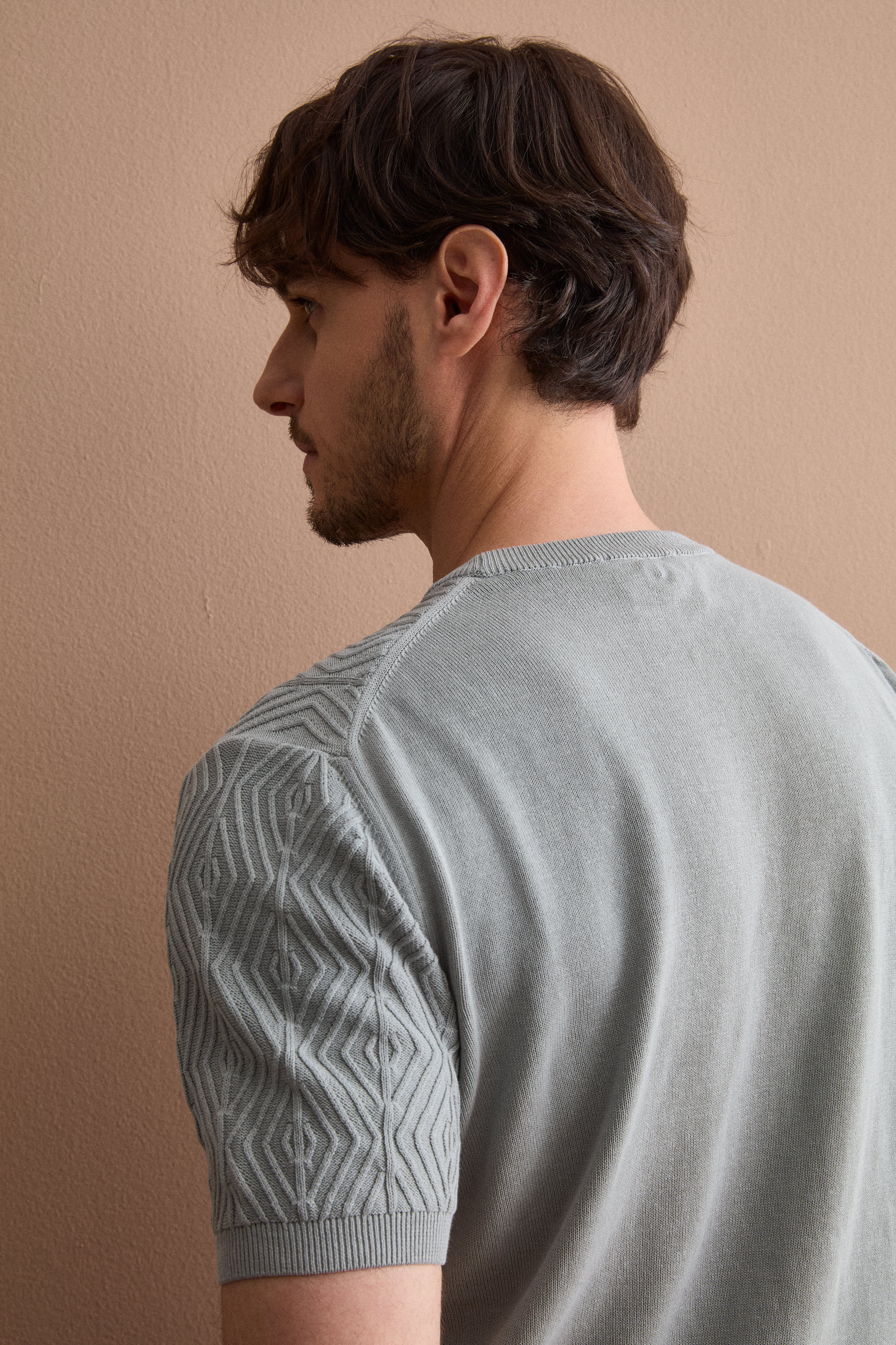 T-Shirt a Rombi in Cotone Crêpe - GRIGIO CHIARO - Image 3