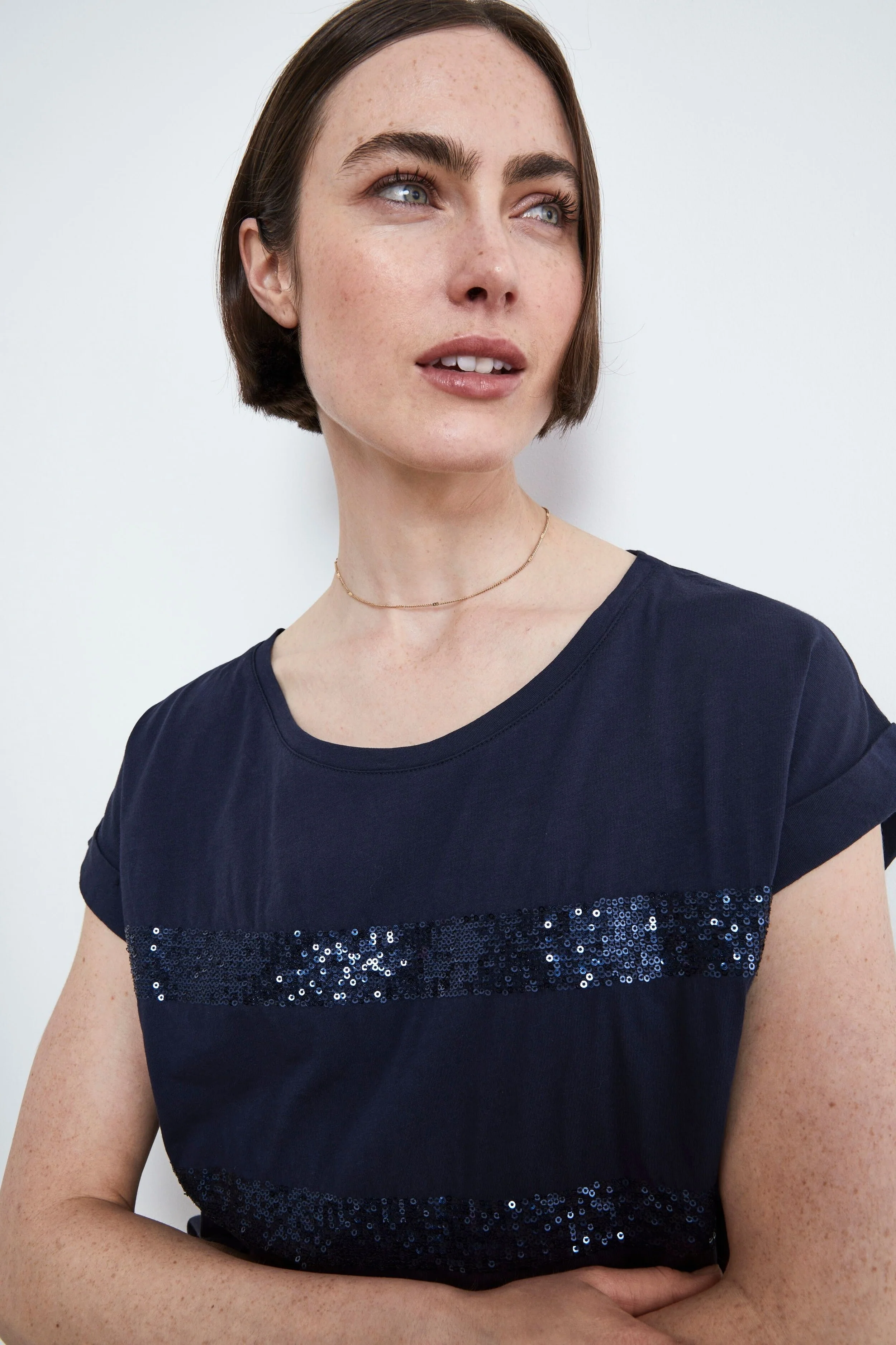 T-shirt con Strass in Cotone - NAVY - Image 2
