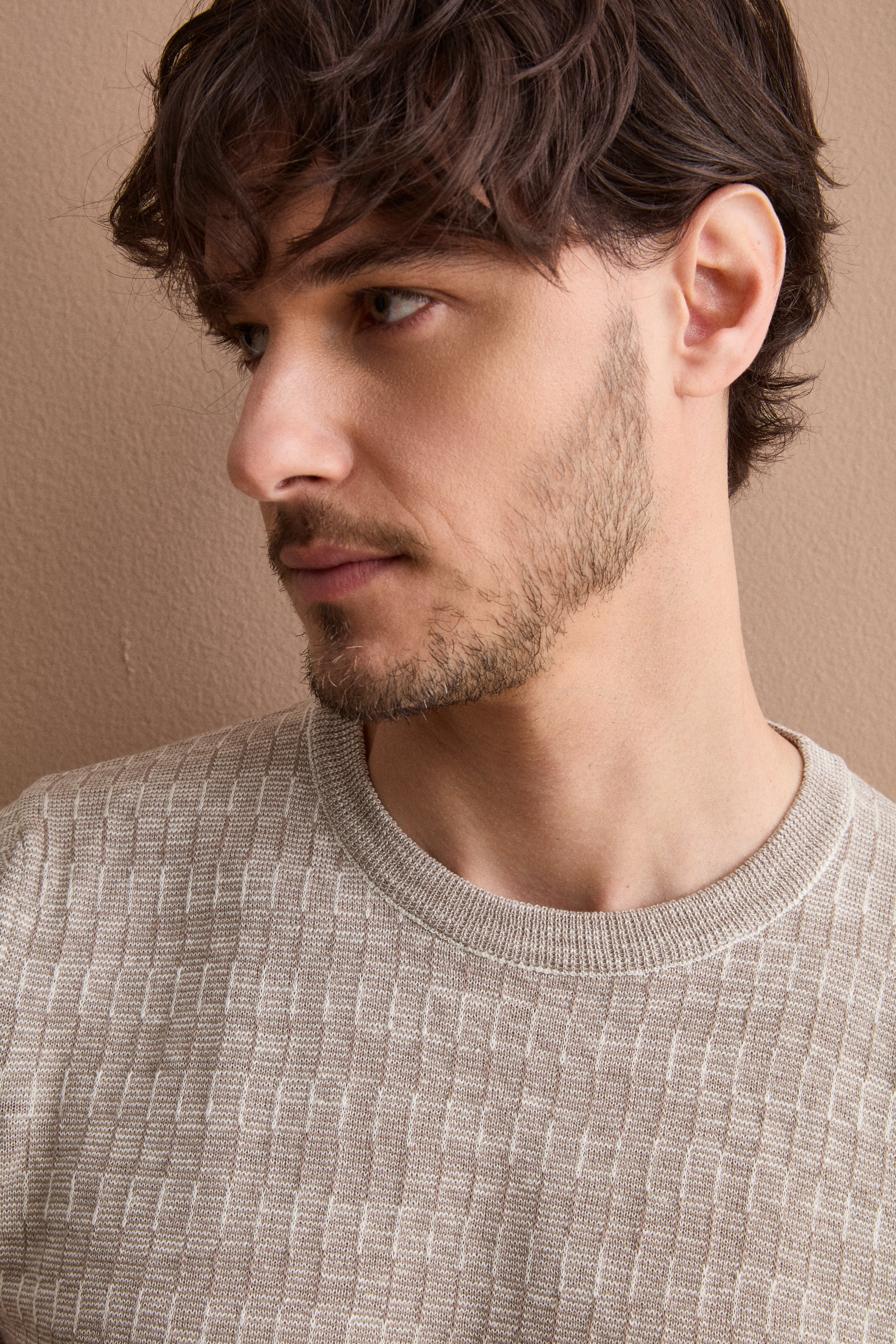 T-shirt in Misto Cotone e Lino Lavorata - BEIGE/PANNA - Image 2