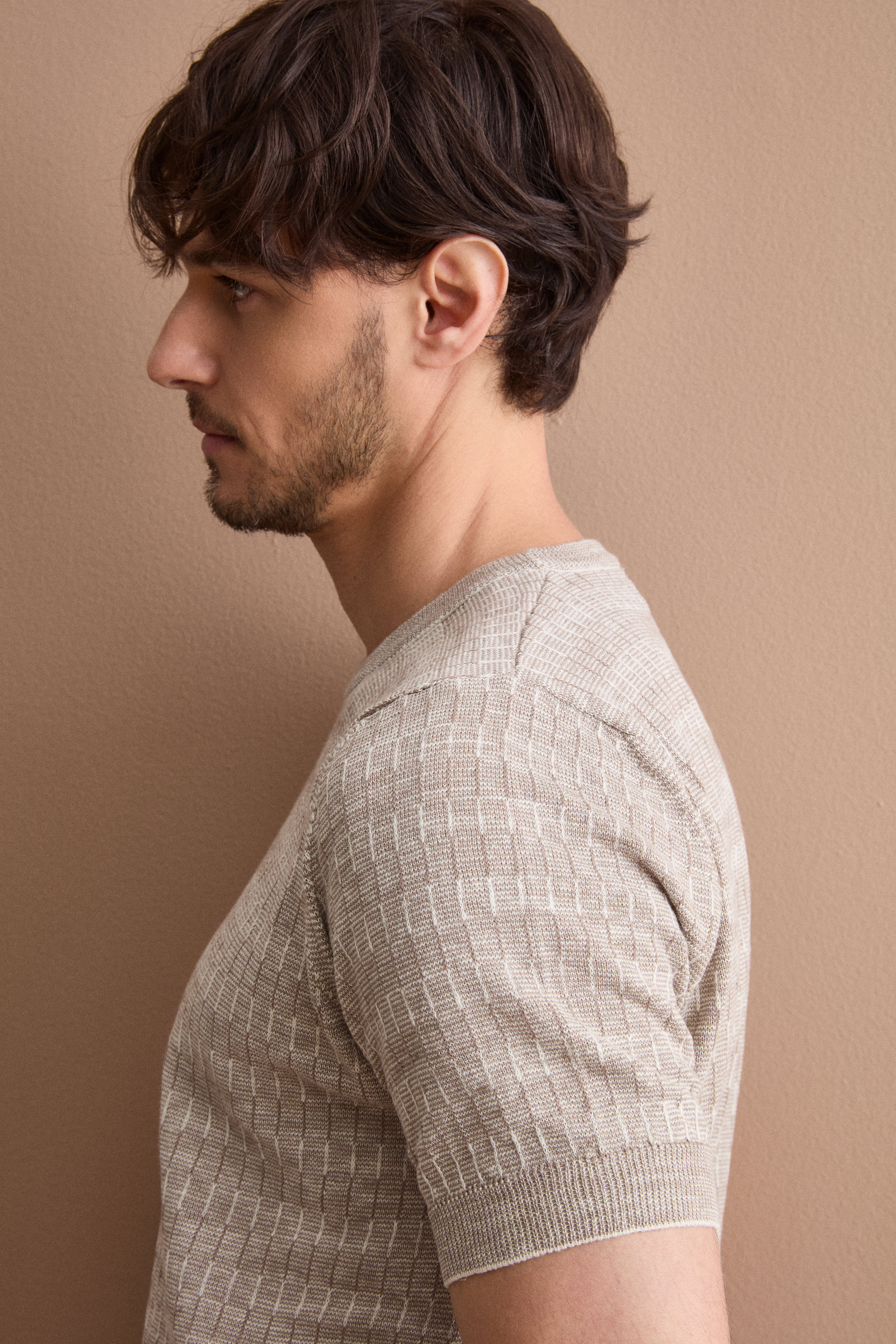 T-shirt in Misto Cotone e Lino Lavorata - BEIGE/PANNA - Image 3